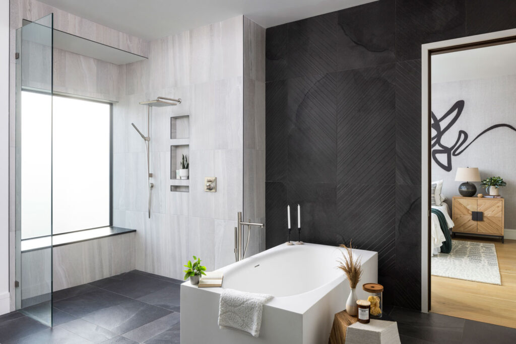 Chataeu Brot Bathroom custom remodel view a view into the bedroom.