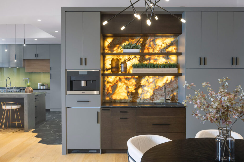 Dramatic backlit onyx backsplashes in new kitchen build.