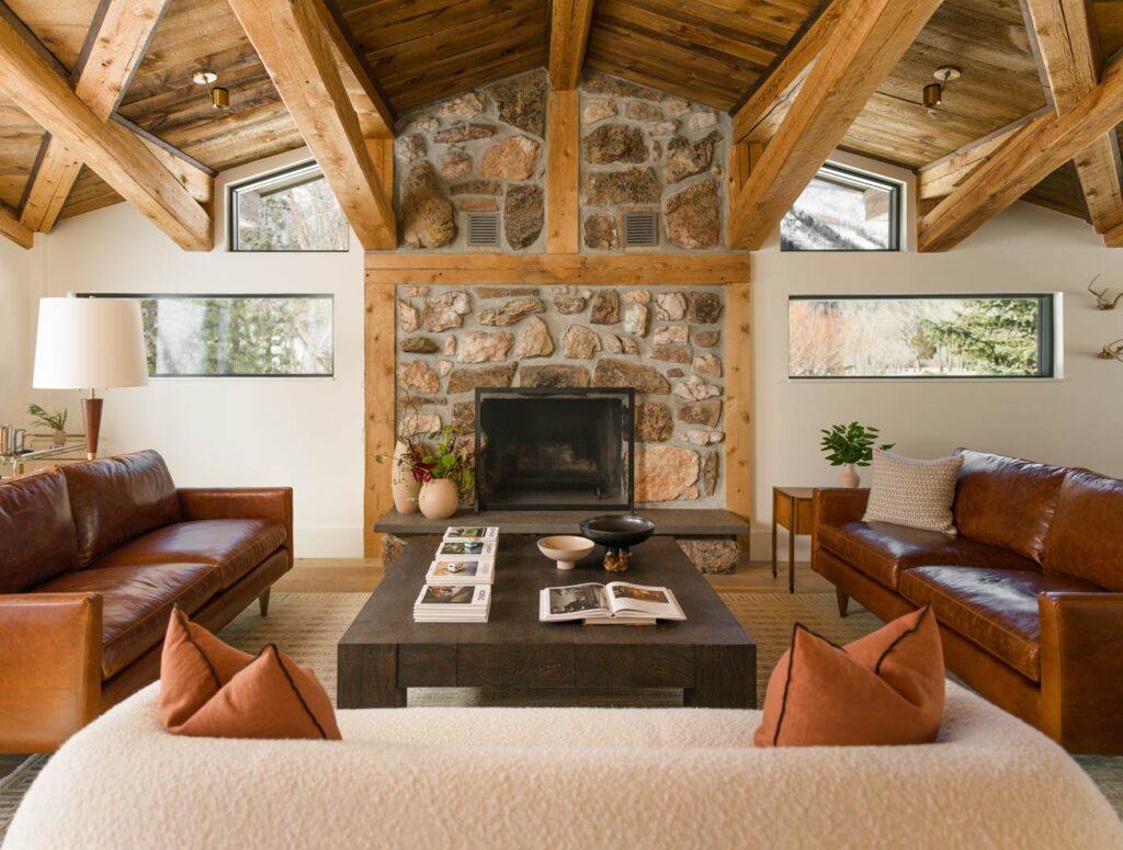 rustic modern living room with timber frames