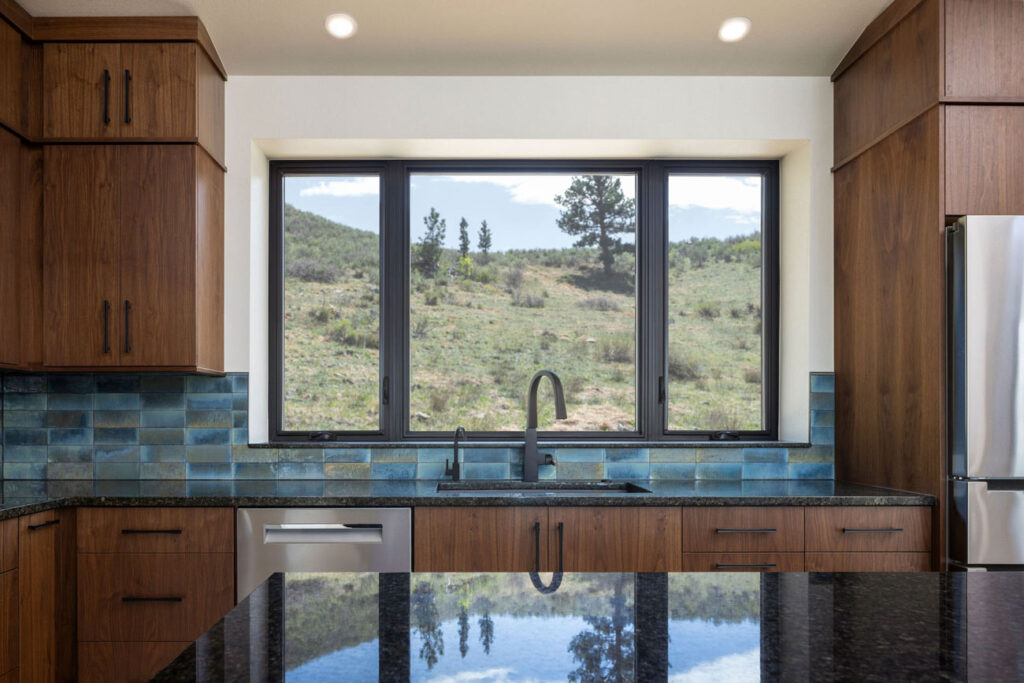 Custom built kitchen with views of Northern Colorado foothills
