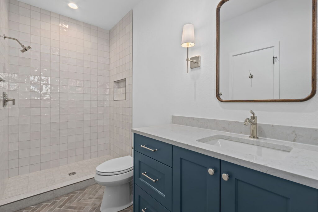 blue and white farmhouse bathroom